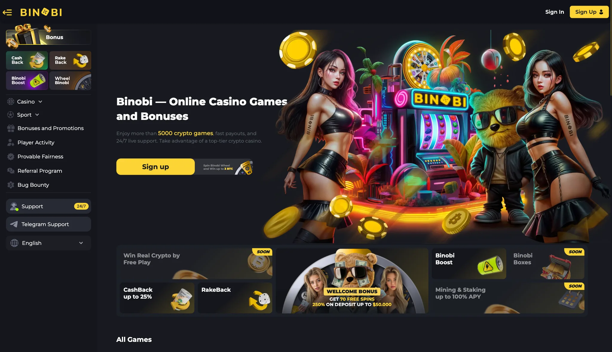 Binobi casino homepage screenshot